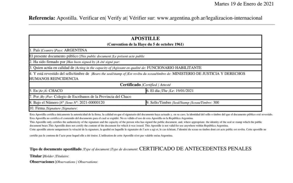 Apostilla de la haya Argentina