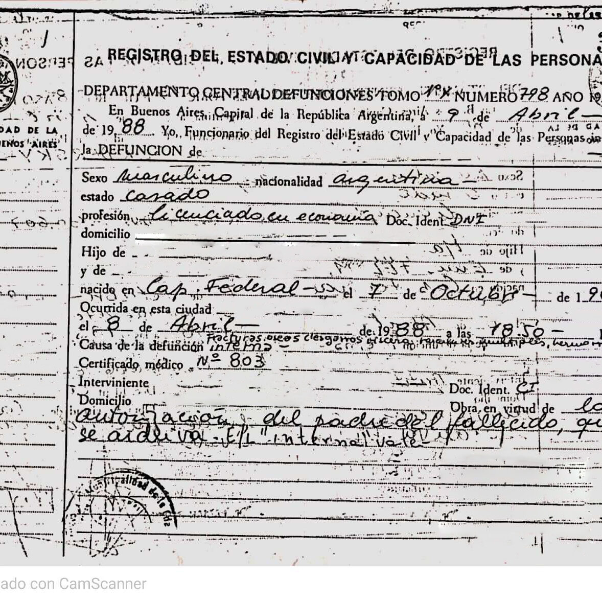 Partida de defunción Provincia de Buenos Aires