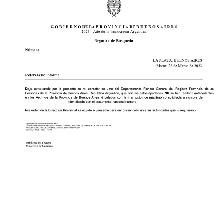 Certificado de soltería de la provincia de Buenos Aires