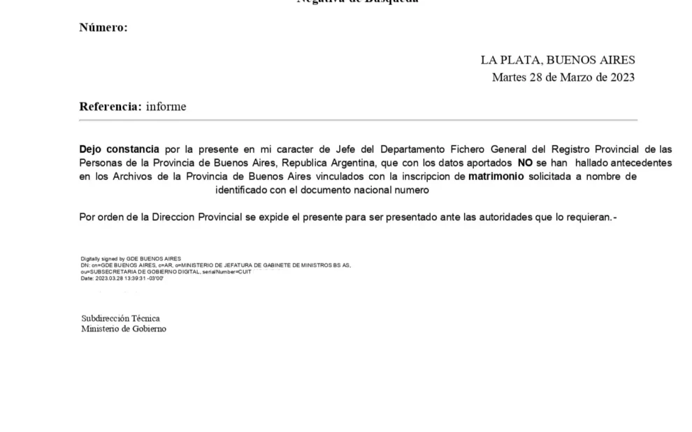 Certificado de soltería de la provincia de Buenos Aires