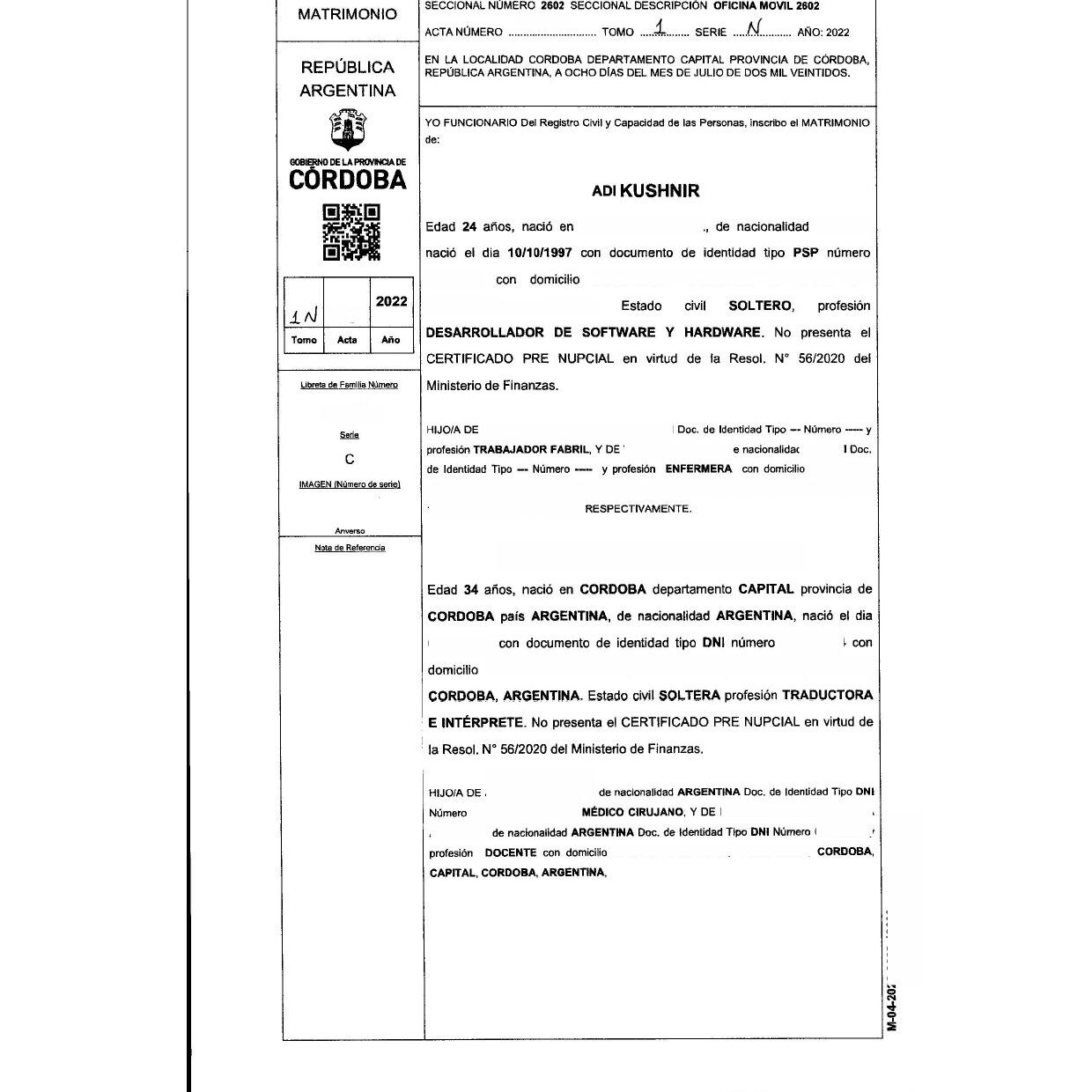 Acta de Matrimonio Córdoba