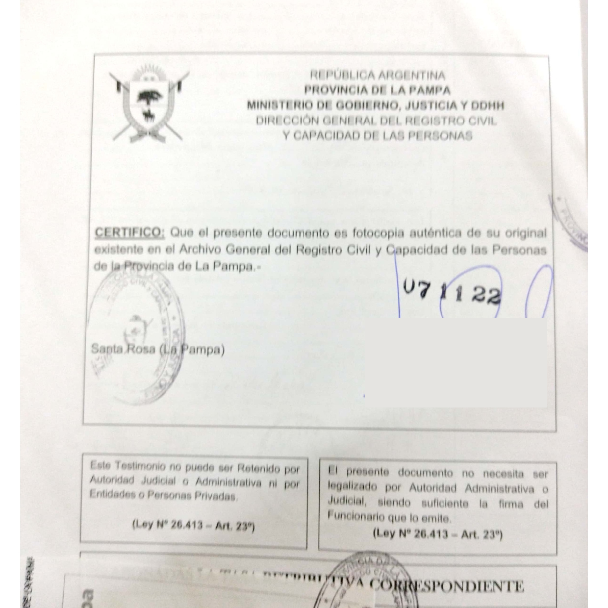 Partida de Defunción la Pampa