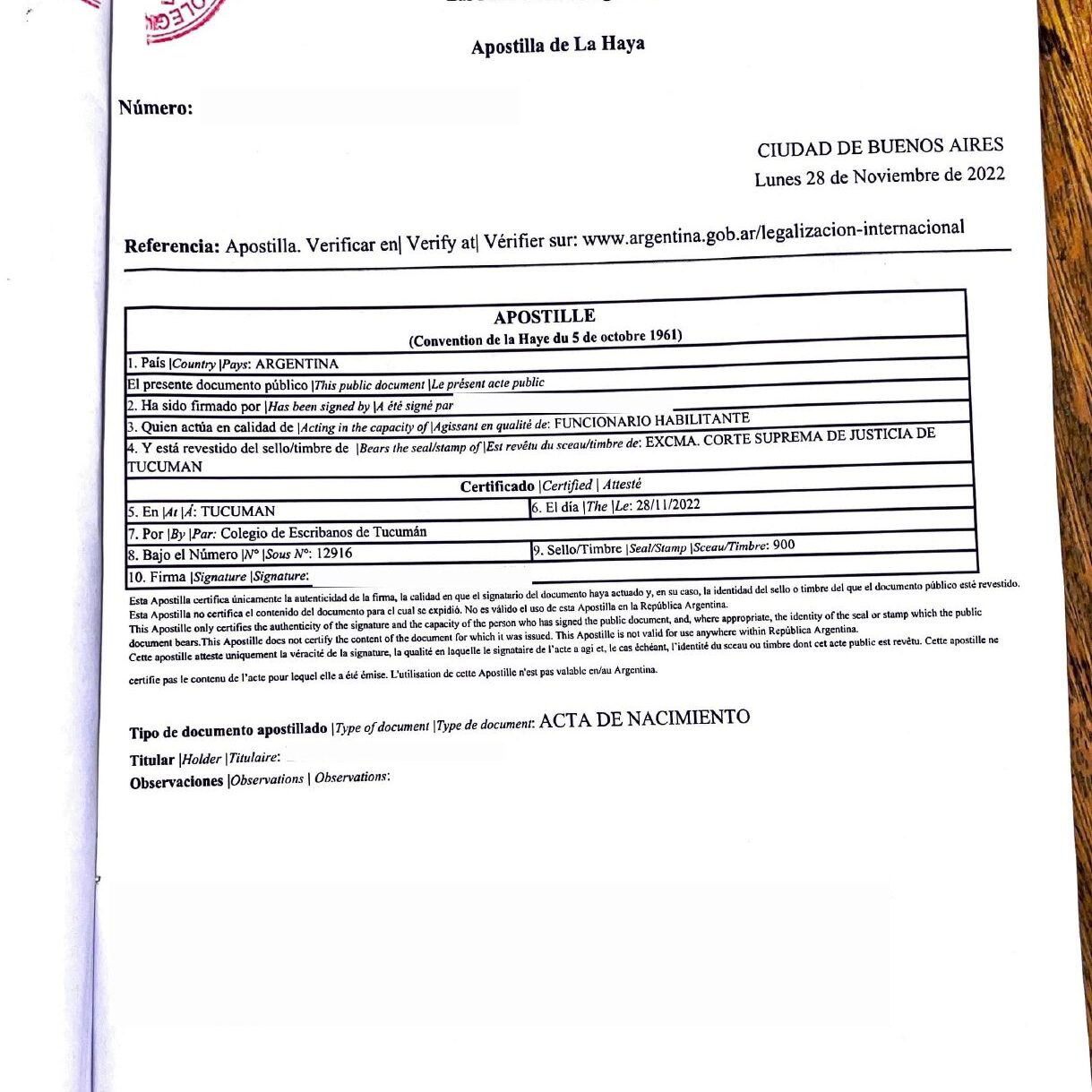 Acta de nacimiento Tucumán con Apostilla