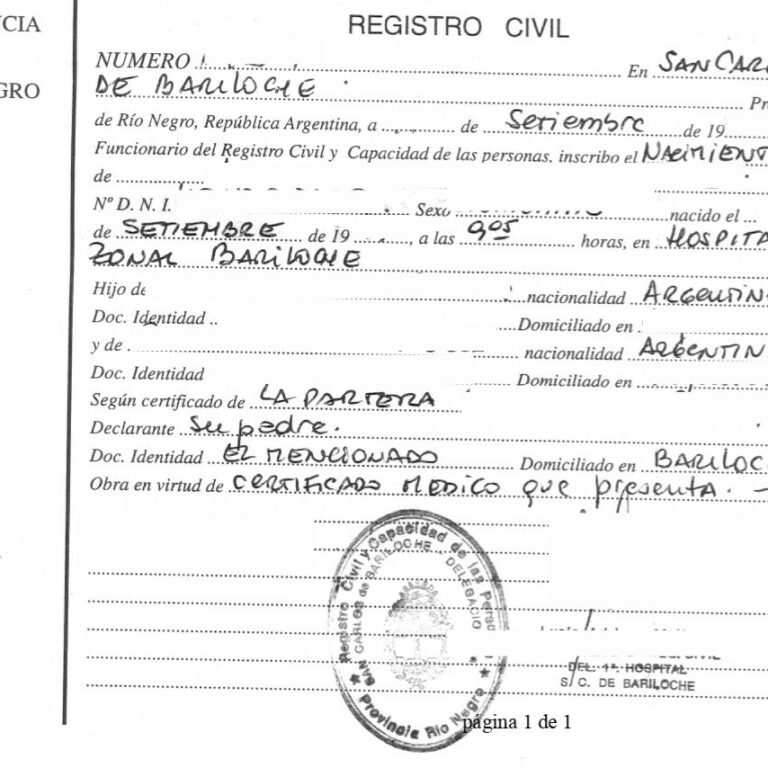 partida de nacimiento Rio Negro