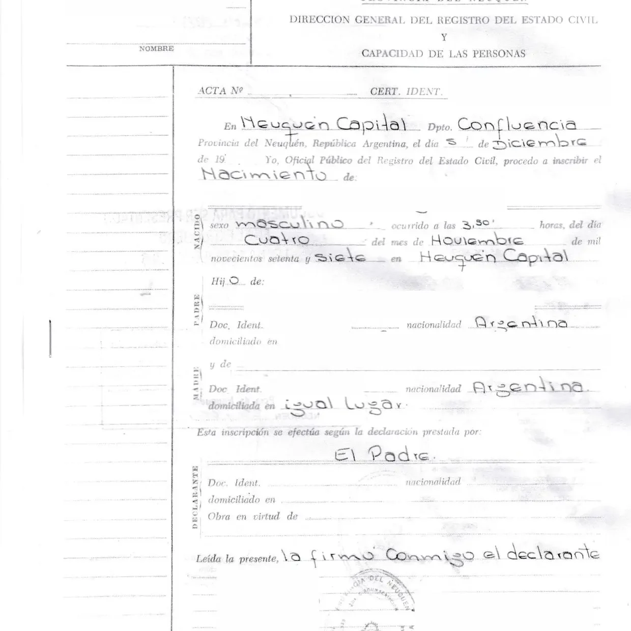 partida de nacimiento Neuquén