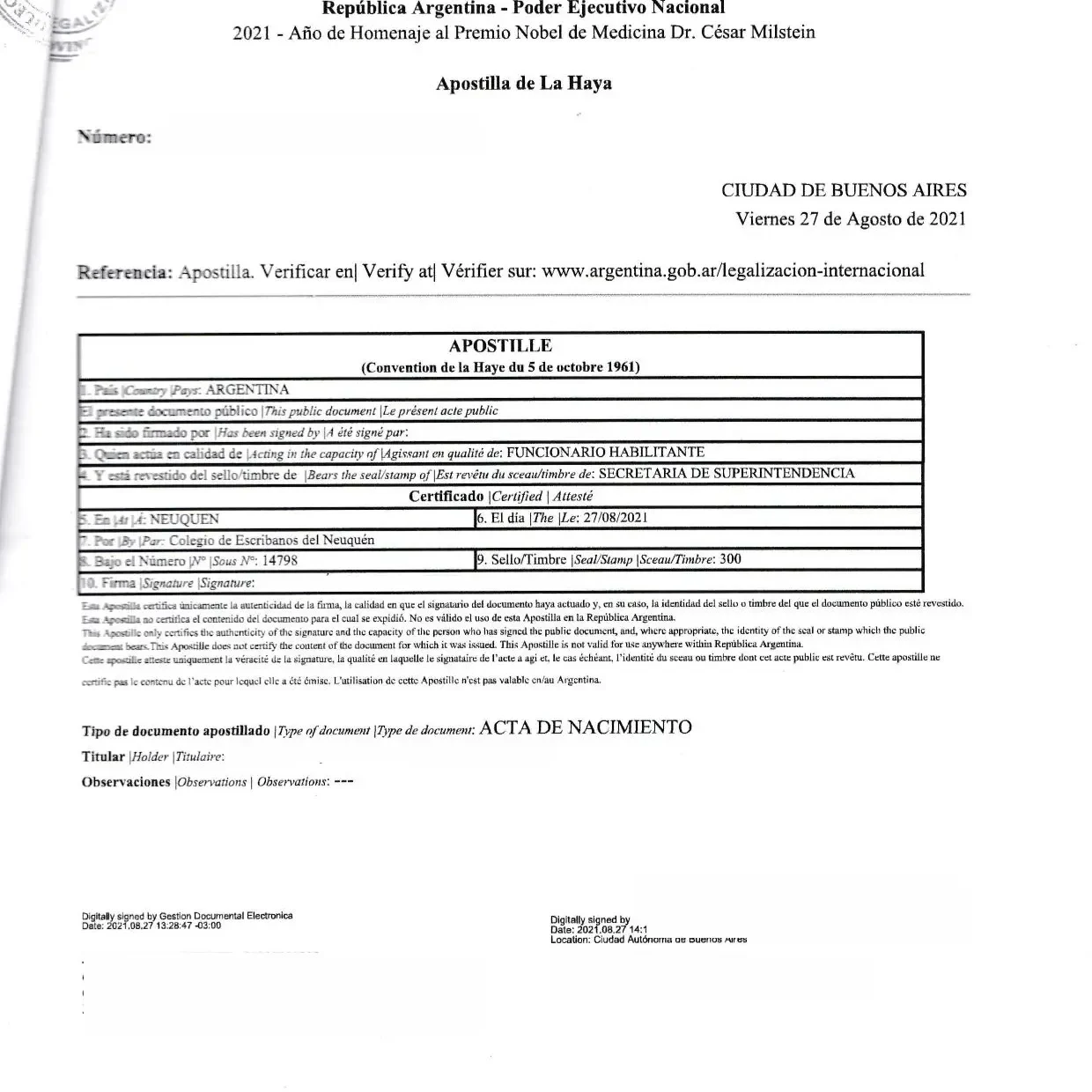 partida de nacimiento neuquén con apostilla de la Haya