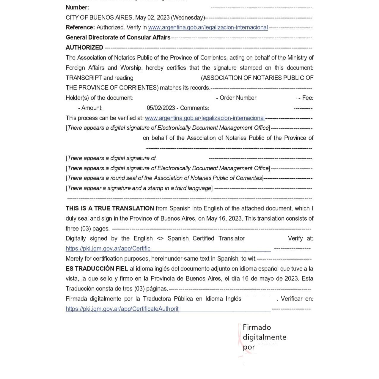 Traducciones de documentos Argentinos